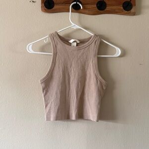H&M Tan Ribbed High Neck Crop Tank Top Cotton Blend Minimalist size S